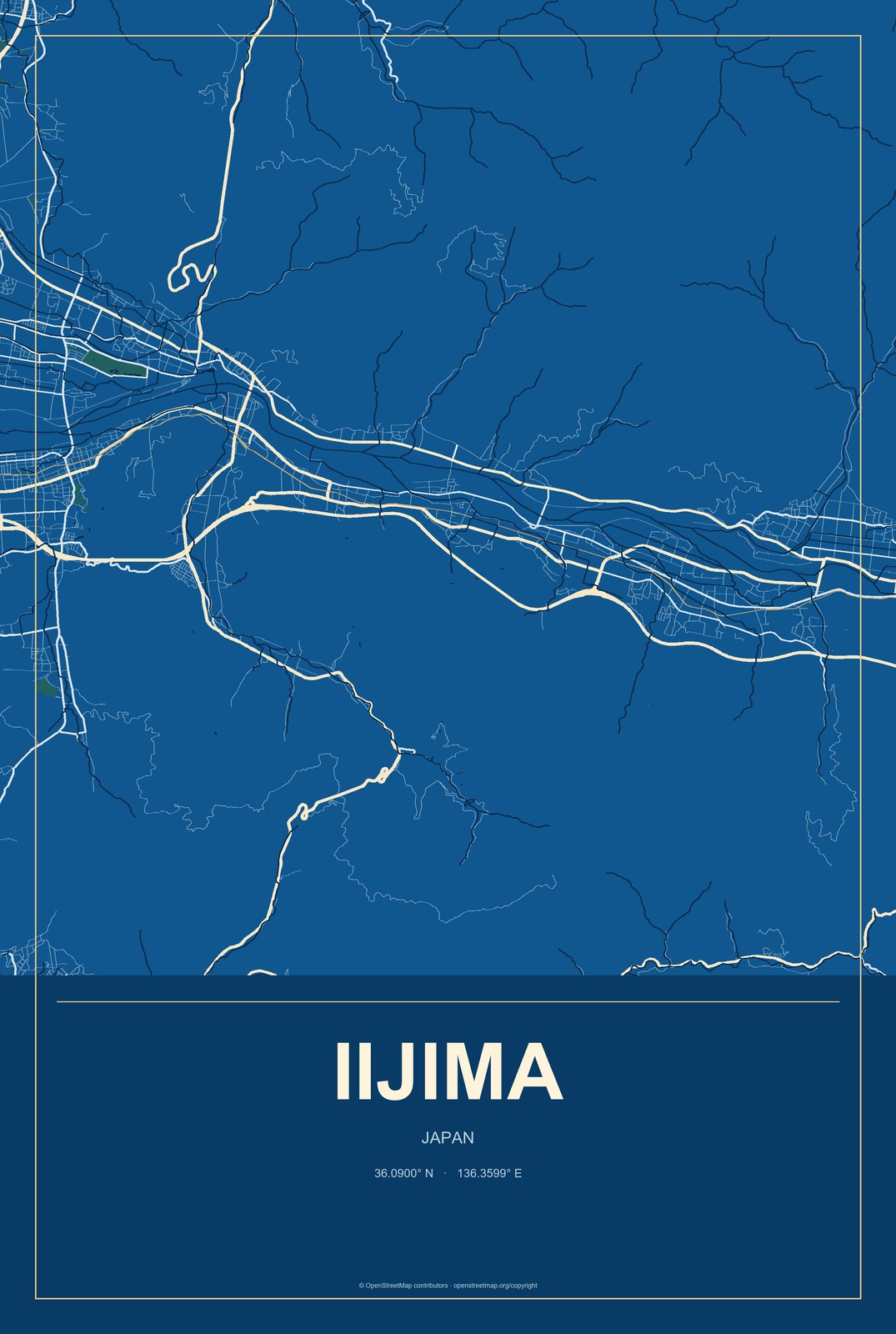 Iijima, Japan City Map Aluminum Sign in Harbor Cobalt style