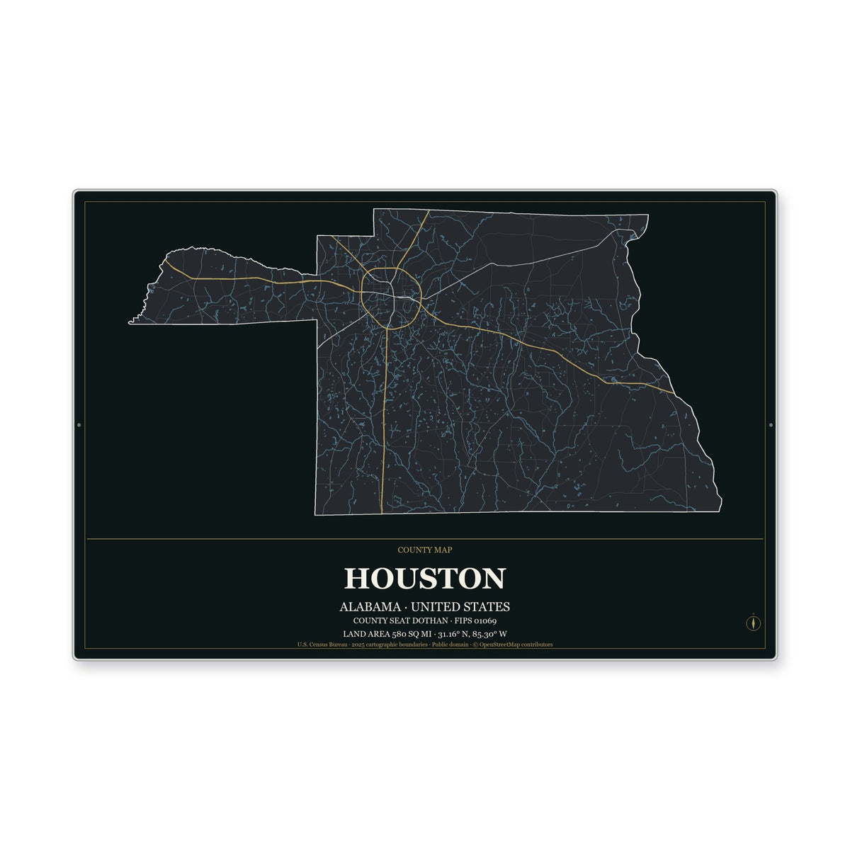 Houston County, Alabama Map Aluminum Sign in Metropolitan Noir style