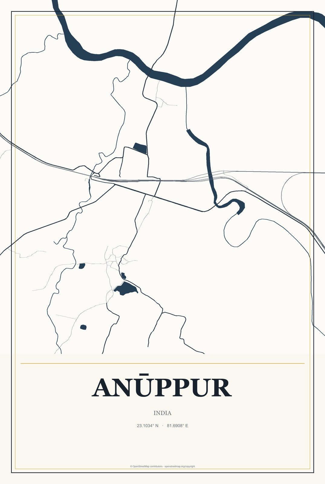 Anūppur, India City Map Aluminum Sign in Citrine Modern style