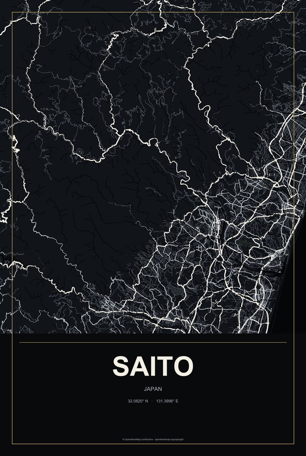 Saito, Japan City Map Aluminum Sign in Metropolitan Noir style