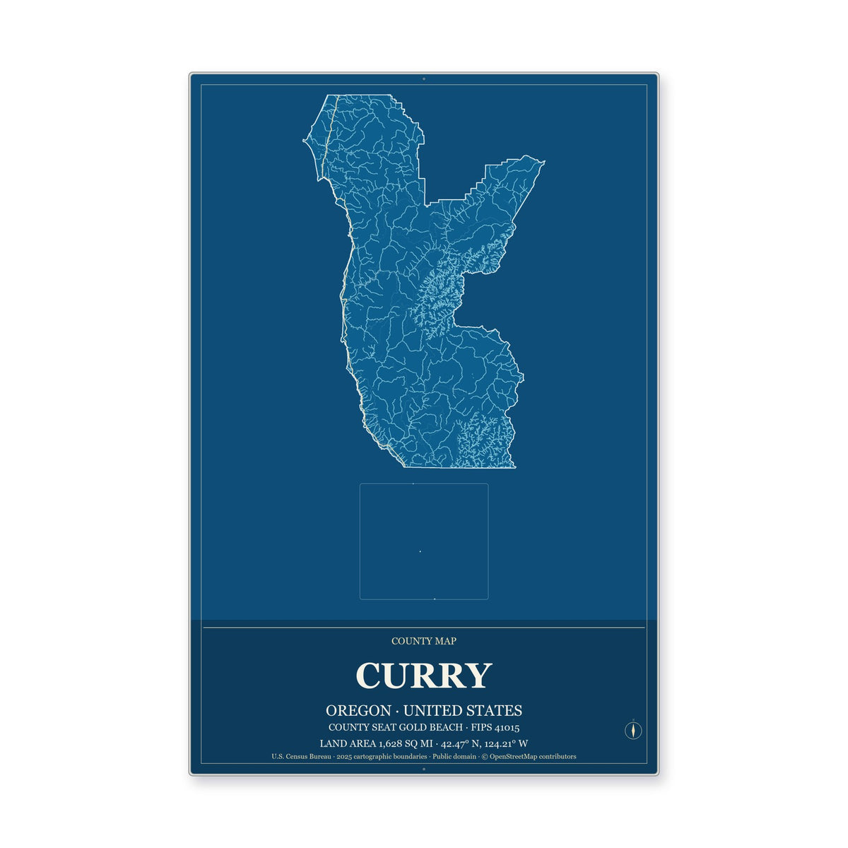 Curry County, Oregon Map Aluminum Sign in Harbor Cobalt style