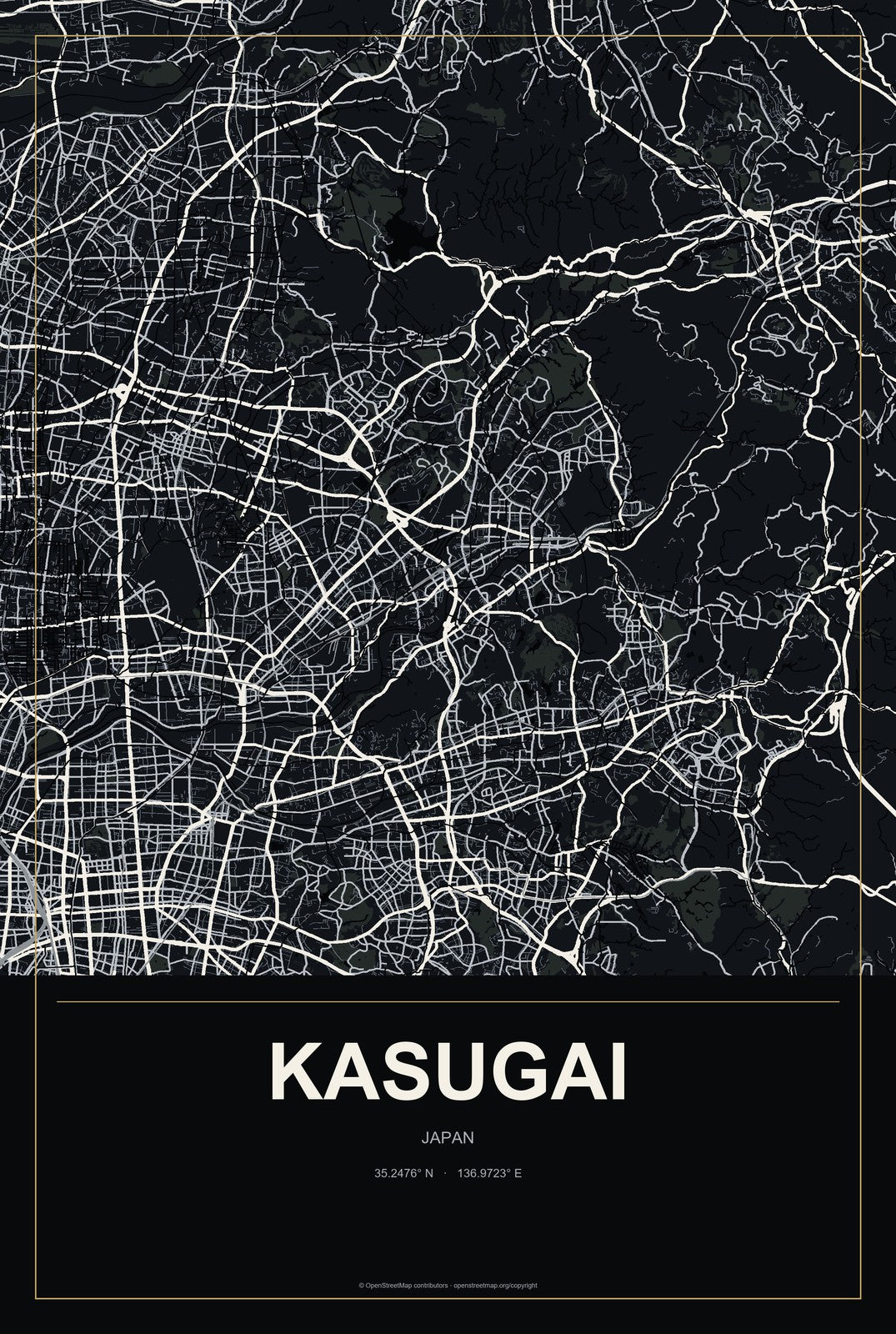 Kasugai, Japan City Map Aluminum Sign in Metropolitan Noir style