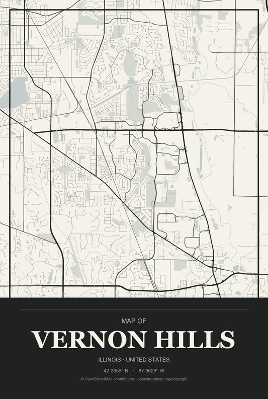 Vernon Hills, Illinois City Map Aluminum Sign in Museum Plaque style