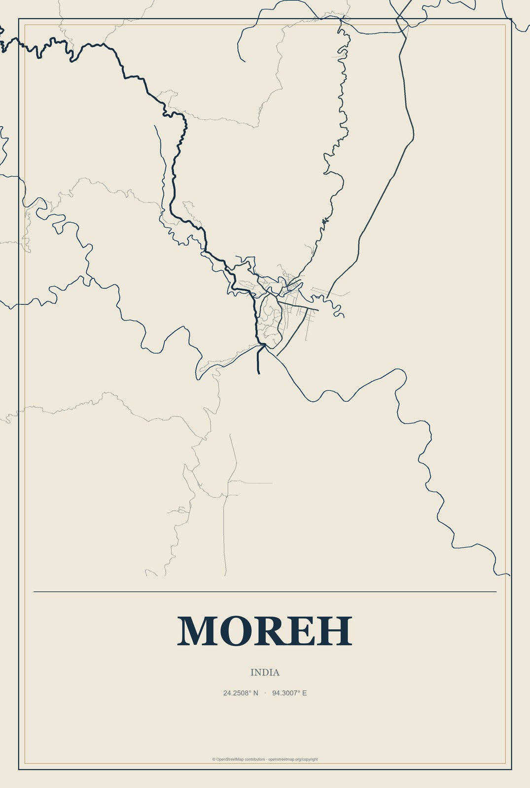 Moreh, India City Map Aluminum Sign in Coastal Cutout style