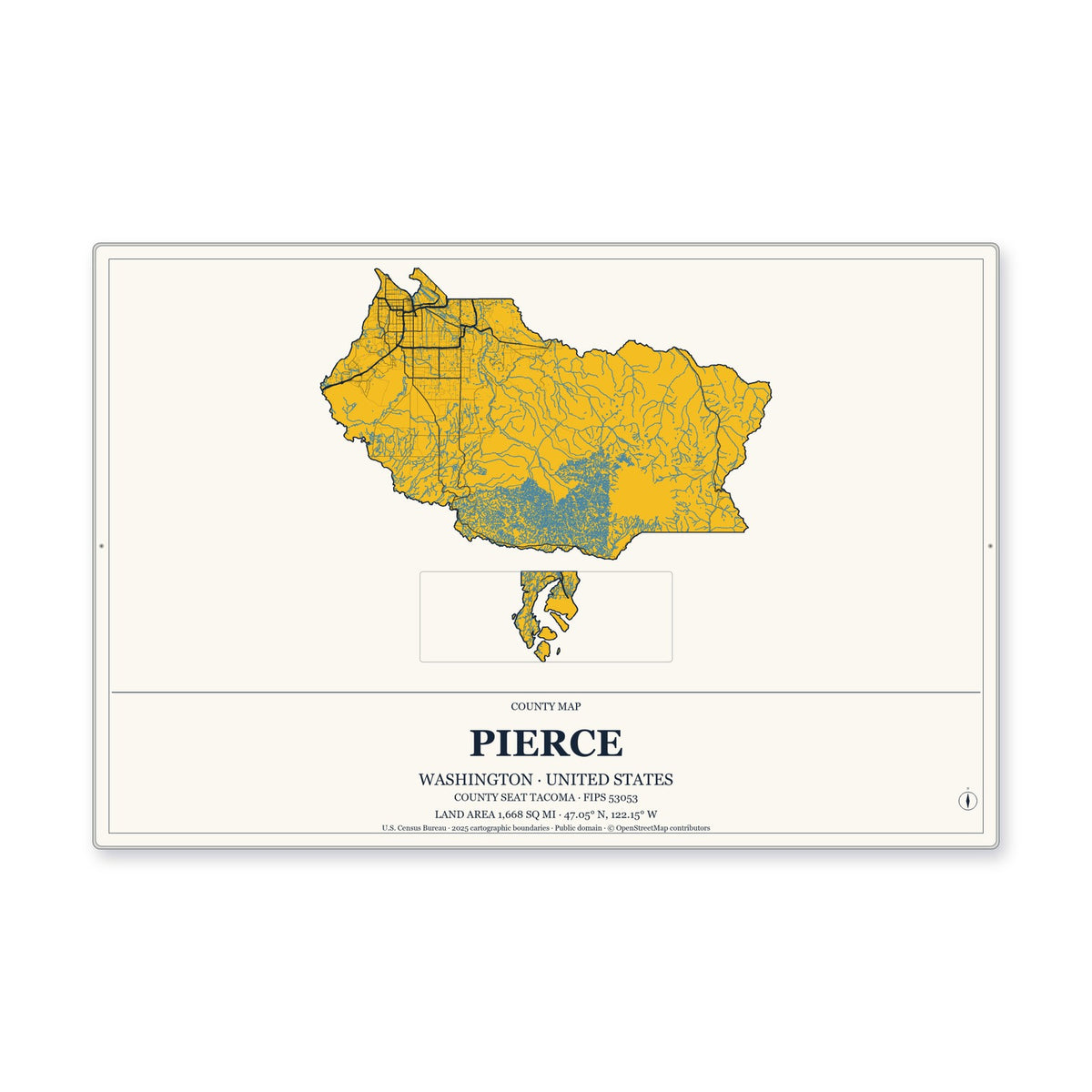 Pierce County, Washington Map Aluminum Sign in Citrine Modern style