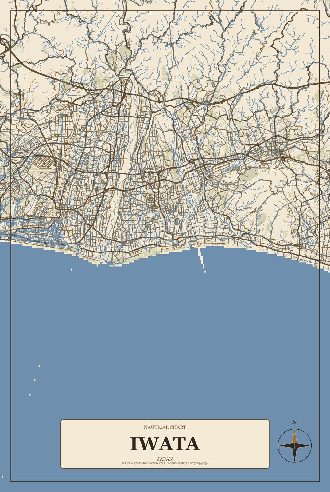 Iwata, Japan City Map Aluminum Sign in Heritage Nautical style