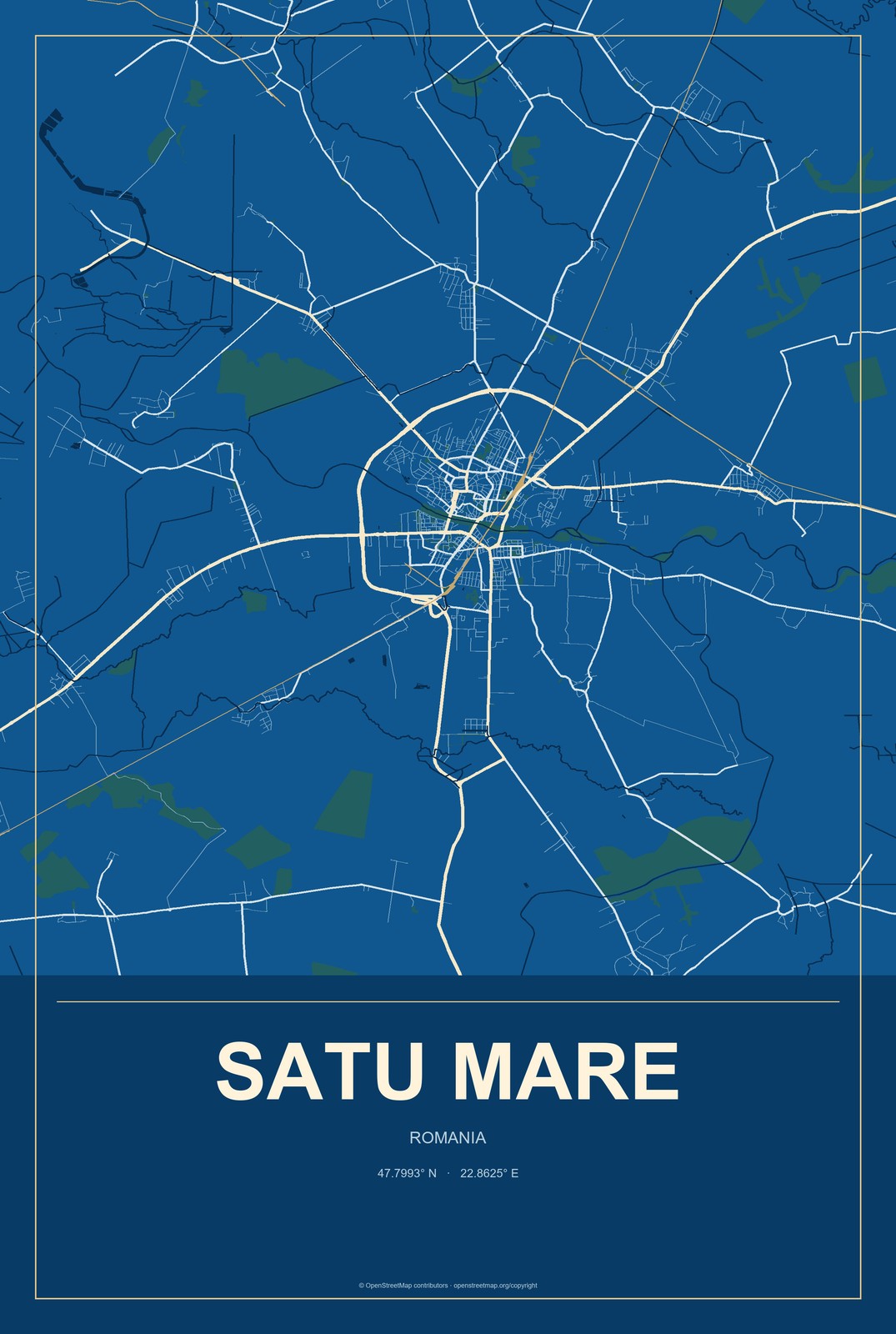 Satu Mare, Romania City Map Aluminum Sign in Harbor Cobalt style