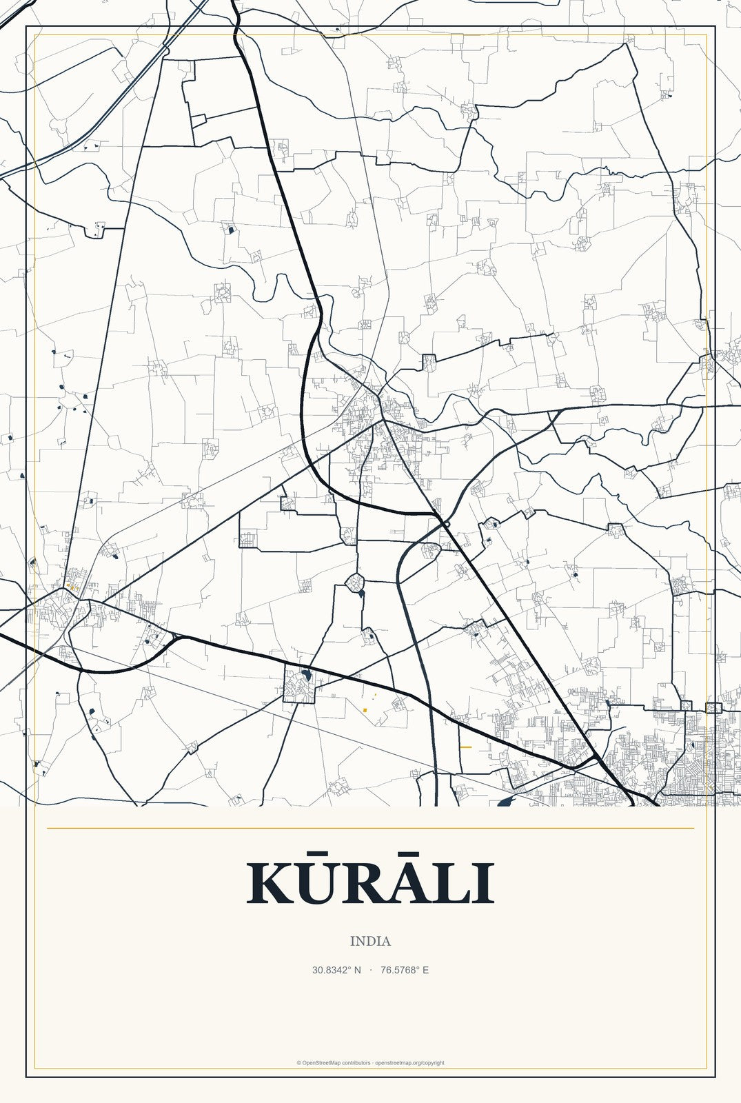 Kūrāli, India City Map Aluminum Sign in Citrine Modern style