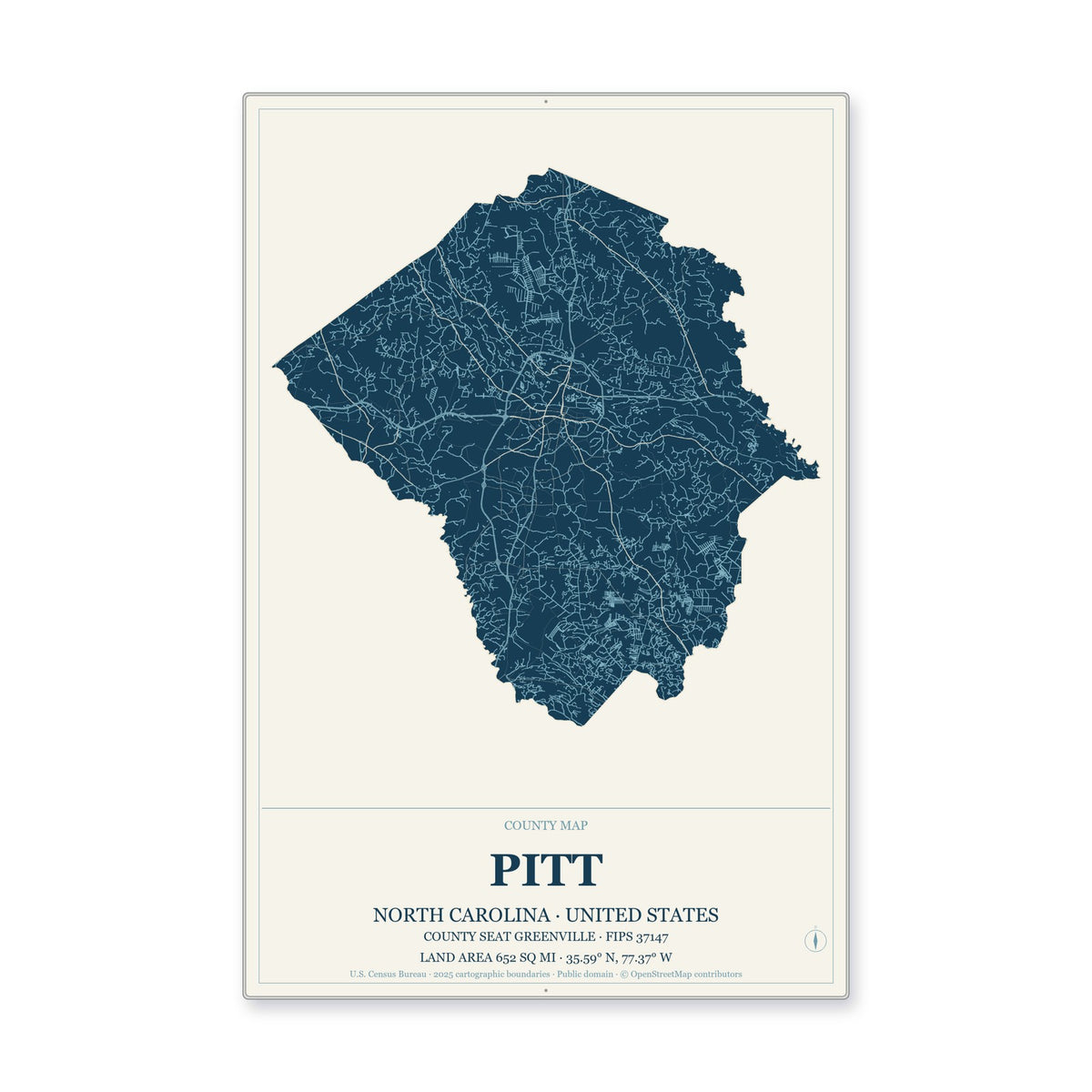 Pitt County, North Carolina Map Aluminum Sign in Coastal Cutout style
