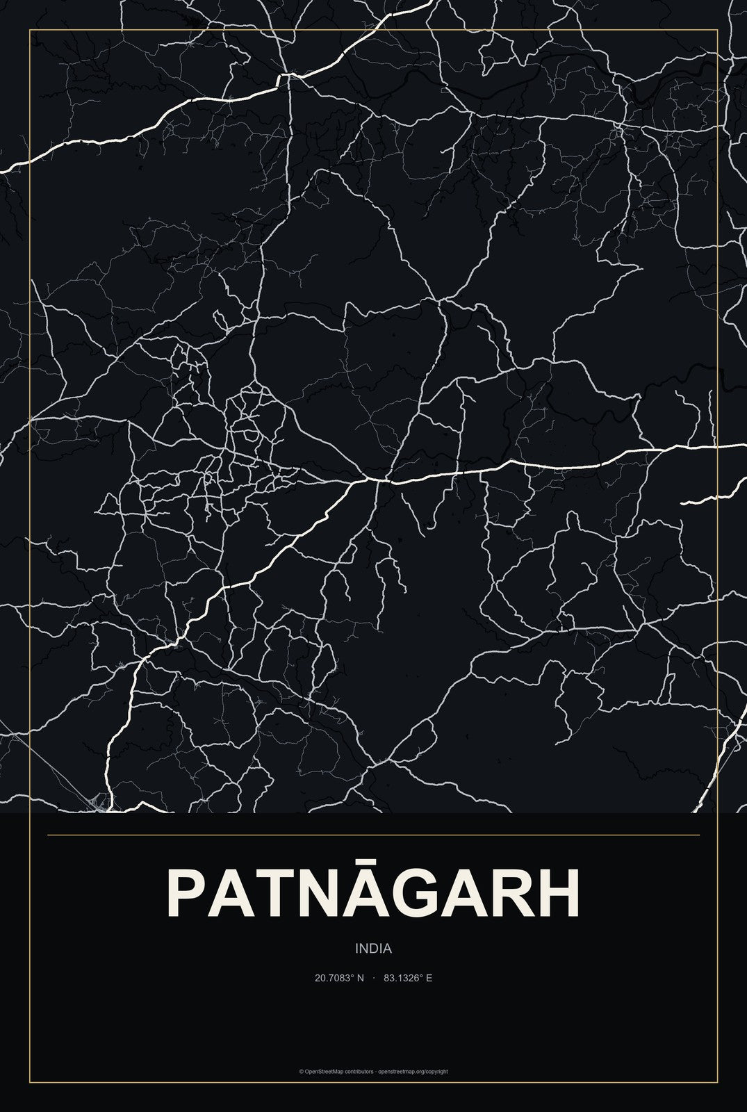 Patnāgarh, India City Map Aluminum Sign in Metropolitan Noir style