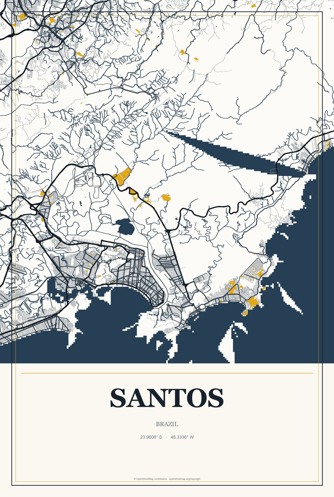 Santos, Brazil City Map Aluminum Sign in Citrine Modern style