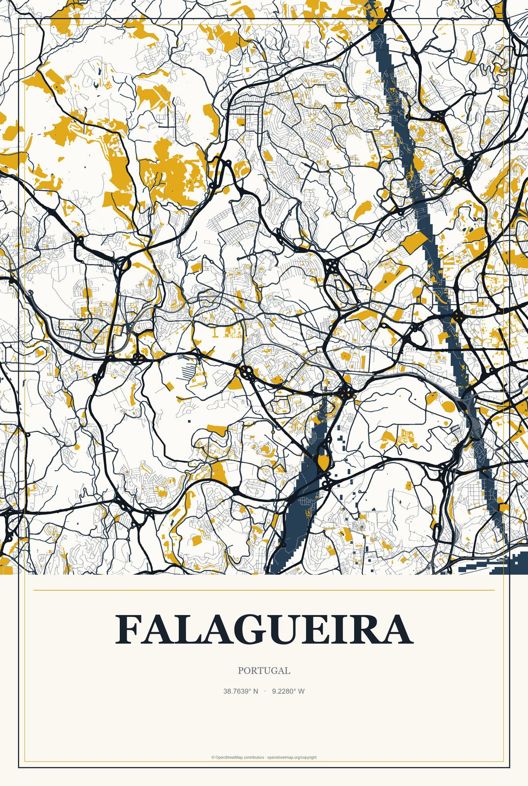 Falagueira, Portugal City Map Aluminum Sign in Citrine Modern style