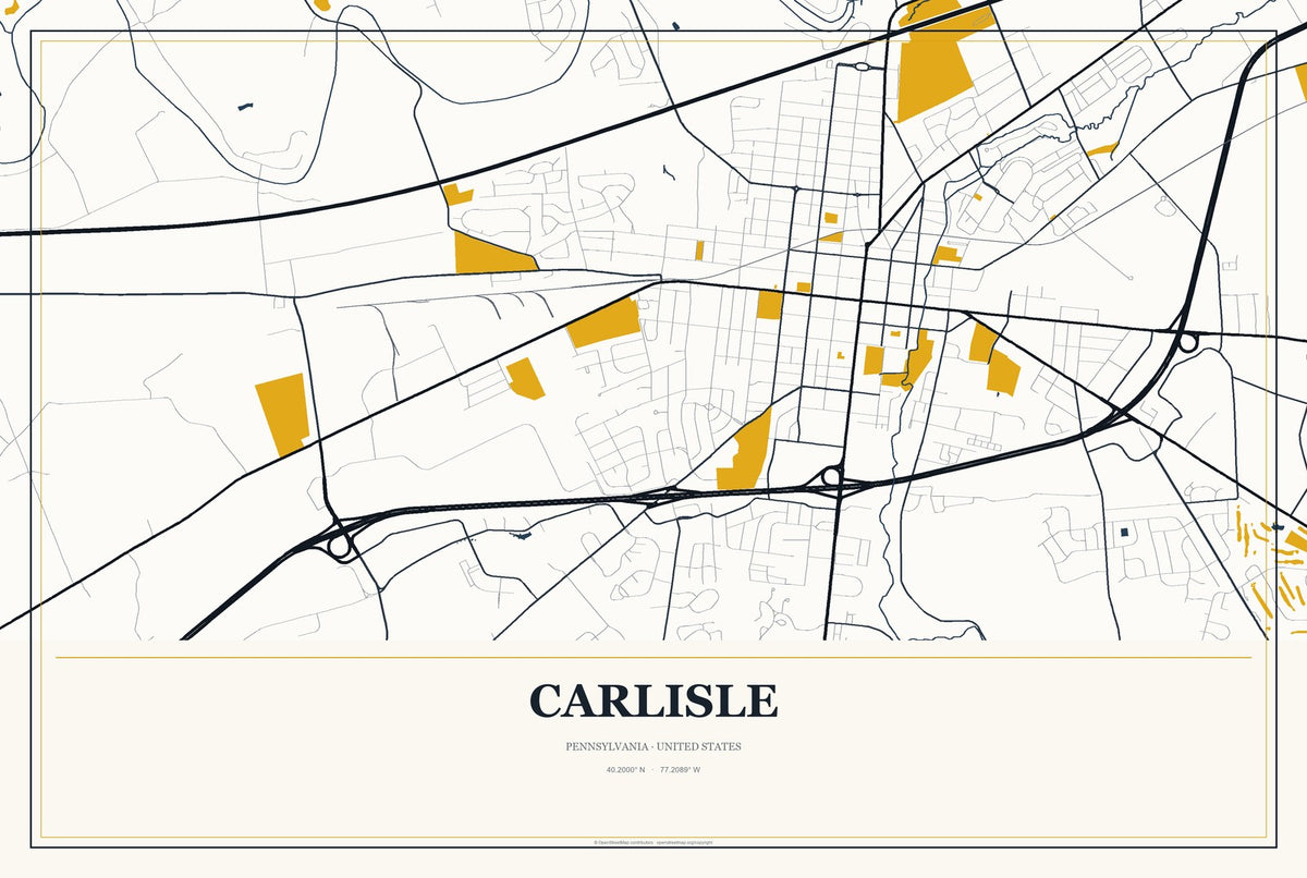 Carlisle, Pennsylvania City Map Aluminum Sign in Citrine Modern style