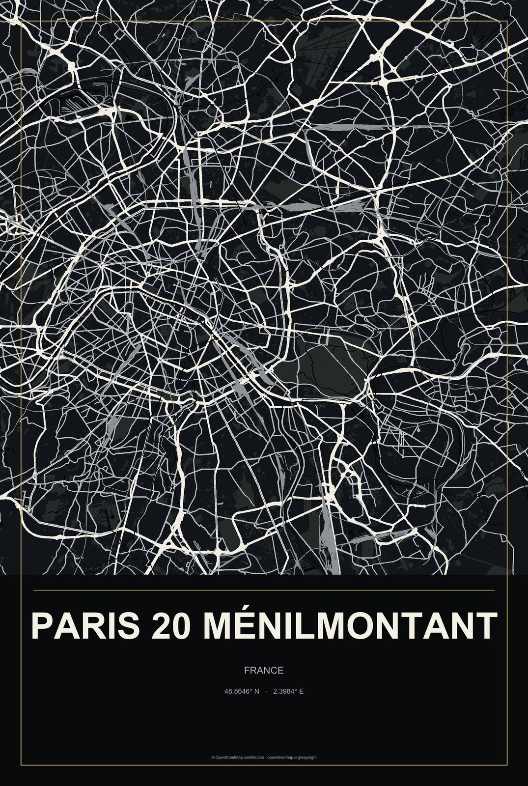 Paris 20 Ménilmontant, France City Map Aluminum Sign in Metropolitan Noir style