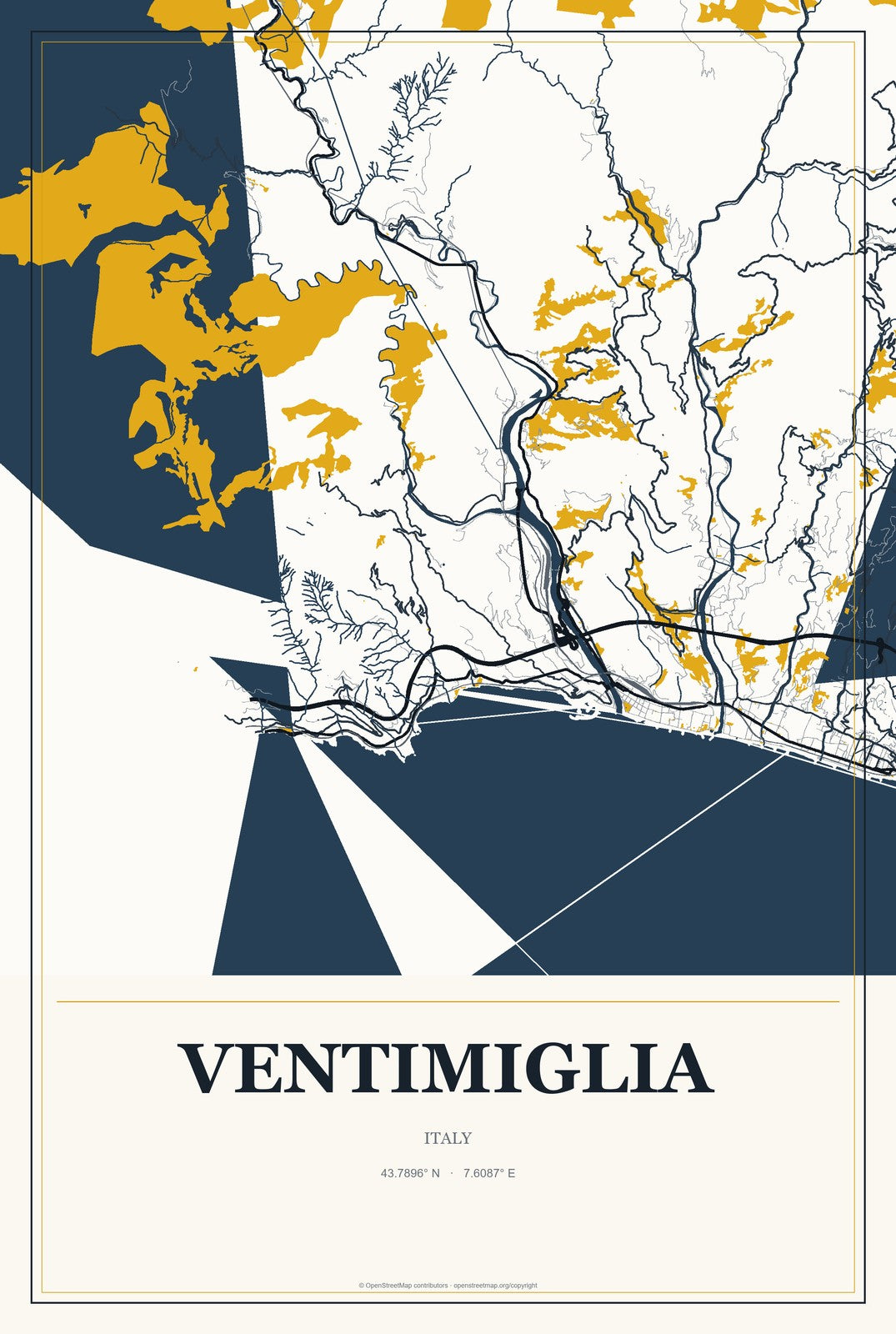 Ventimiglia, Italy City Map Aluminum Sign in Citrine Modern style