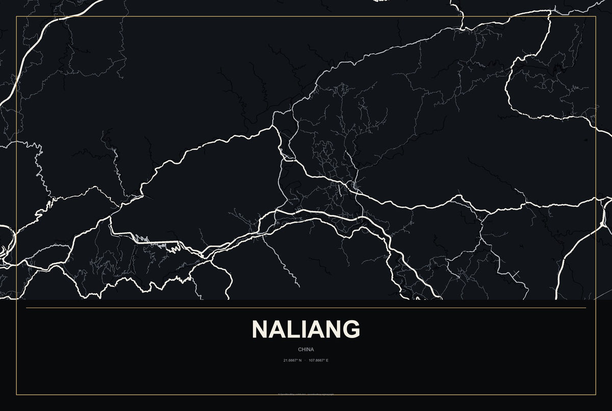 Naliang, China City Map Aluminum Sign in Metropolitan Noir style