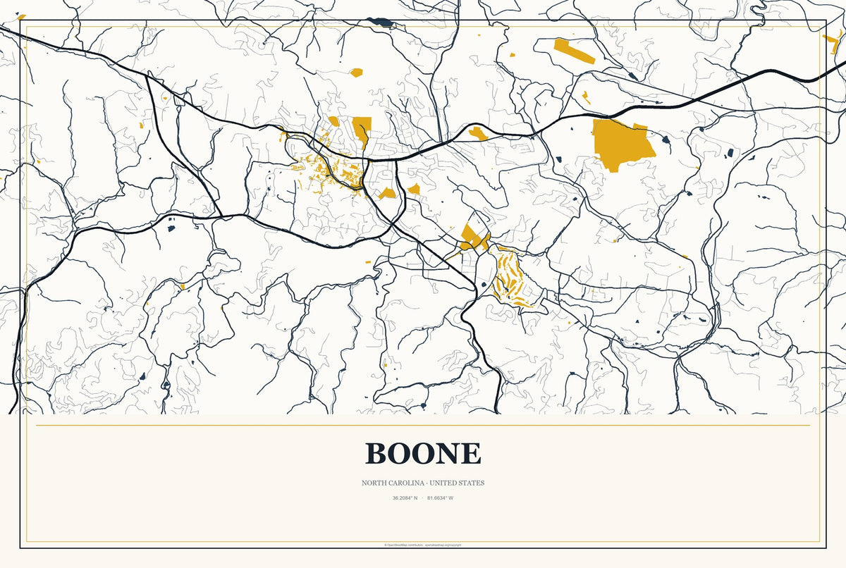 Boone, North Carolina City Map Aluminum Sign in Citrine Modern style