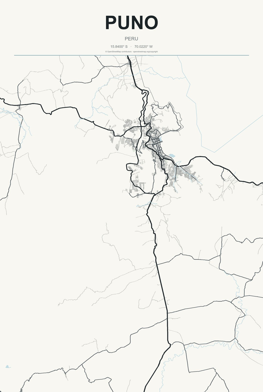 Puno, Peru City Map Aluminum Sign in Headline Atlas style