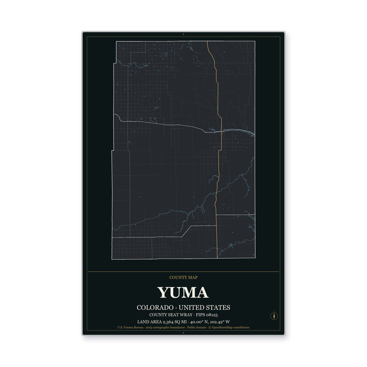 Yuma County, Colorado Map Aluminum Sign in Metropolitan Noir style
