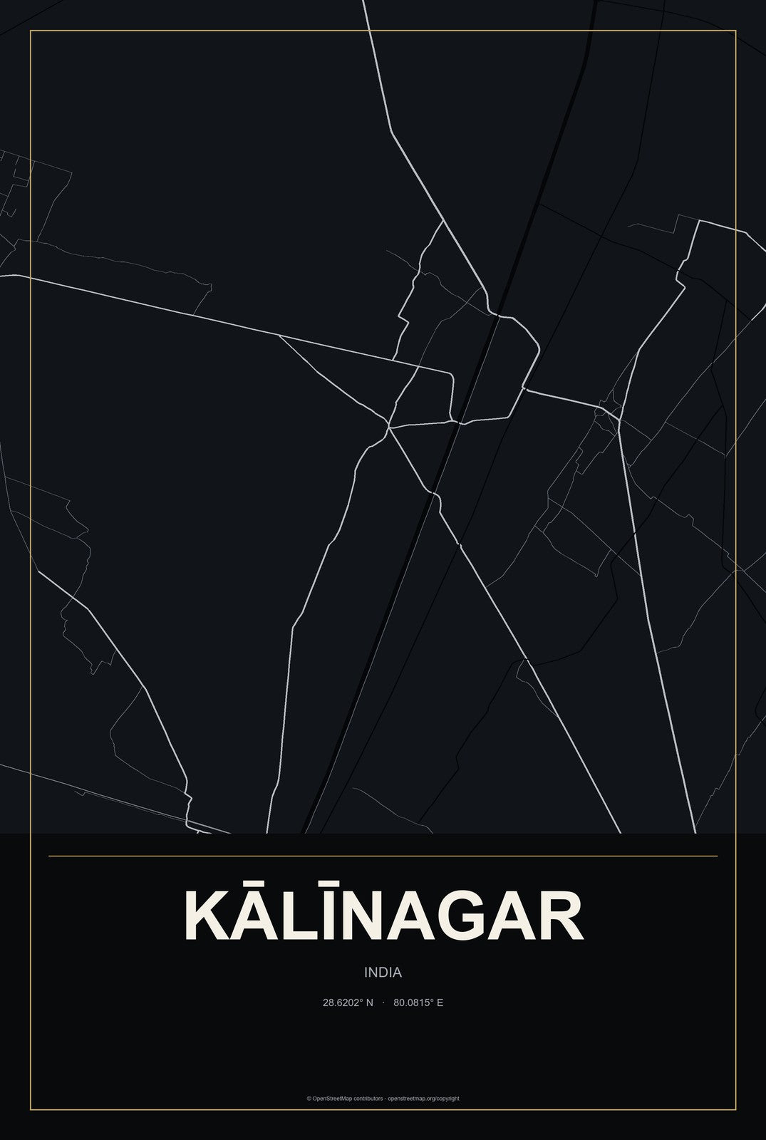 Kālīnagar, India City Map Aluminum Sign in Metropolitan Noir style