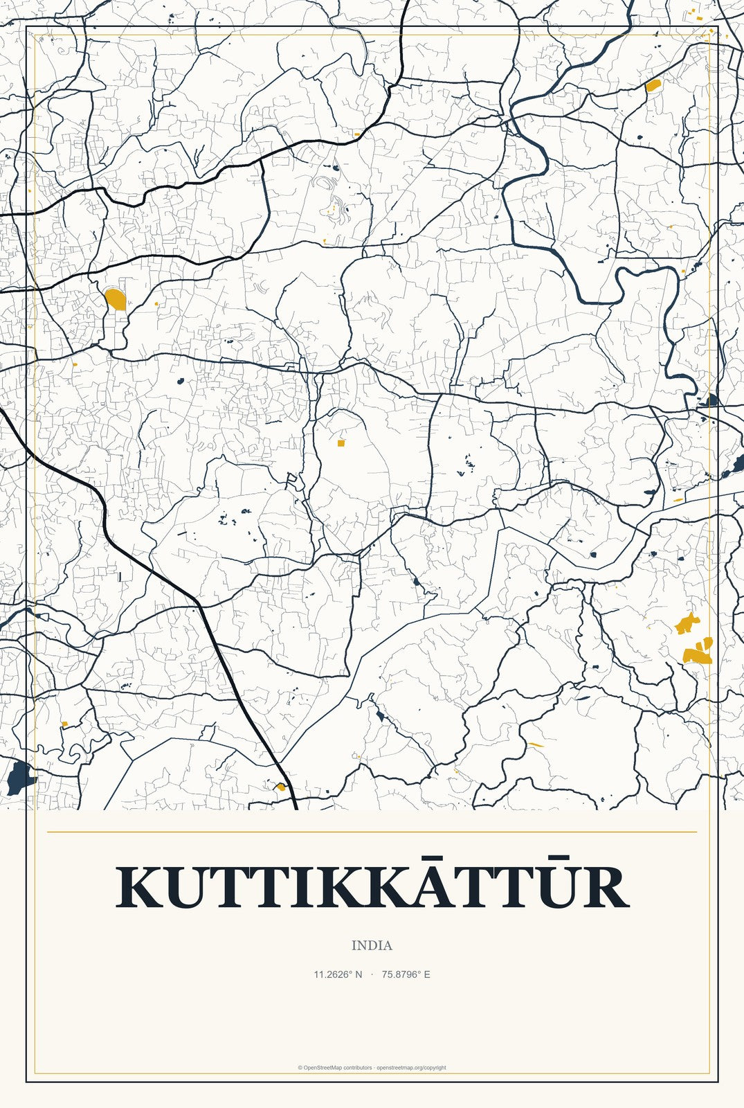 Kuttikkāttūr, India City Map Aluminum Sign in Citrine Modern style