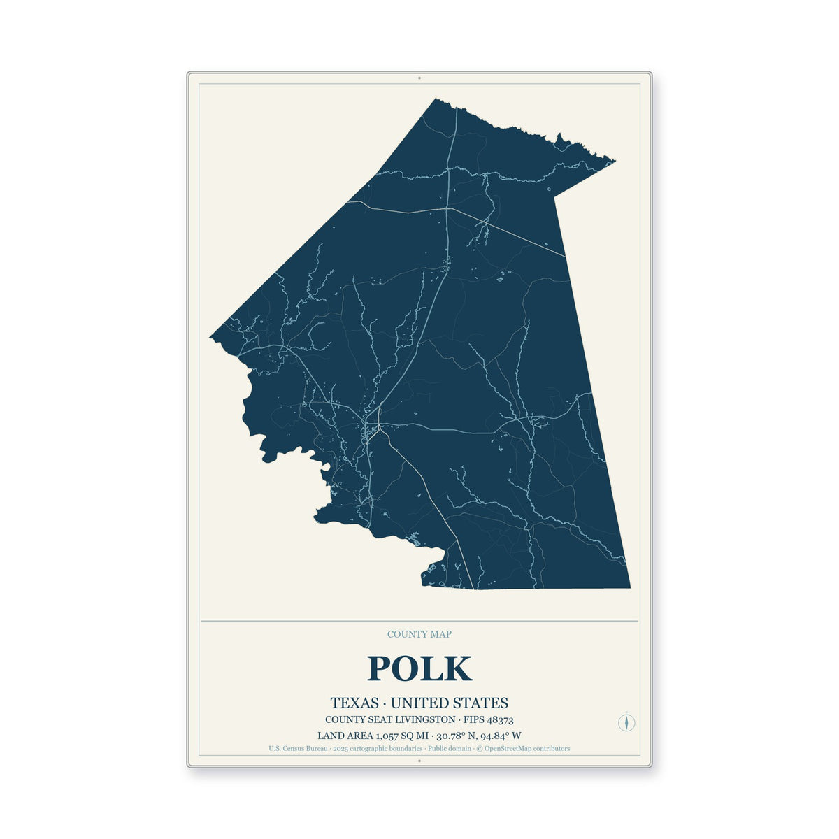 Polk County, Texas Map Aluminum Sign in Coastal Cutout style