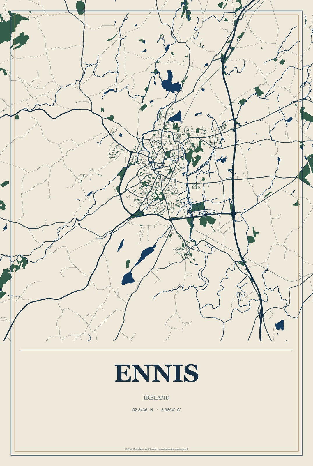 Ennis, Ireland City Map Aluminum Sign in Coastal Cutout style