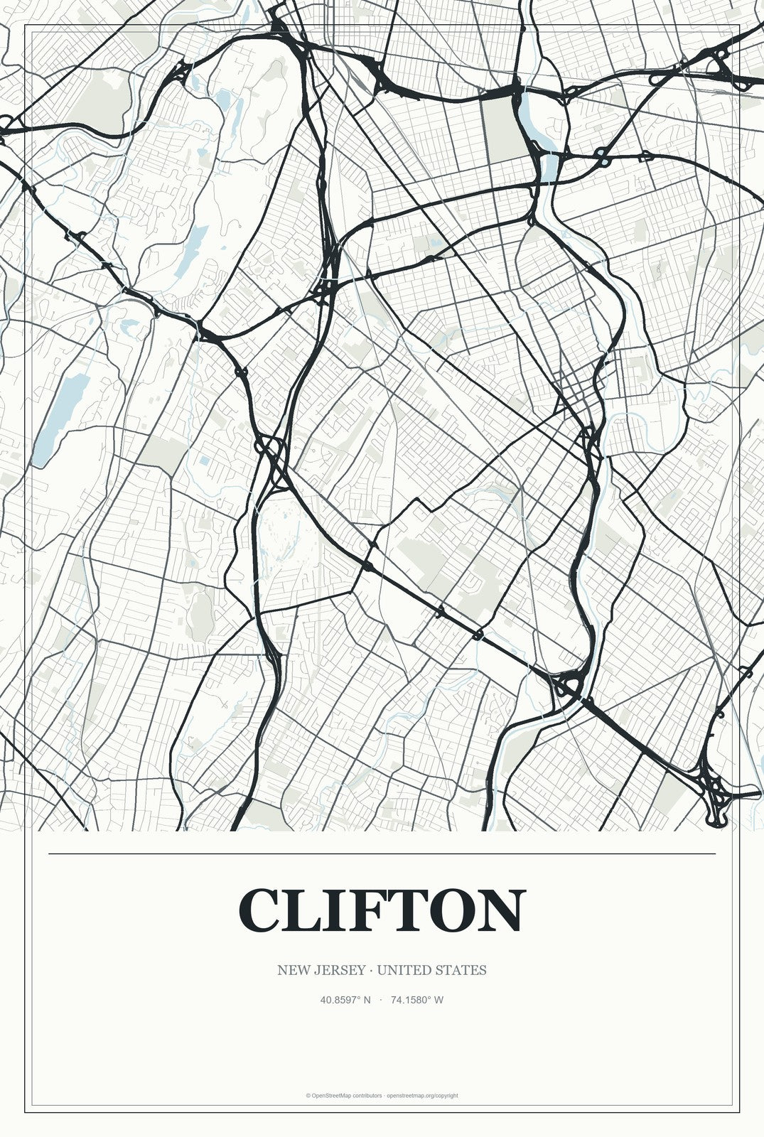 Clifton, New Jersey City Map Aluminum Sign in Gallery Air style