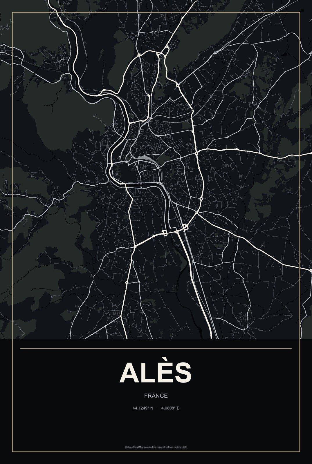 Alès, France City Map Aluminum Sign in Metropolitan Noir style