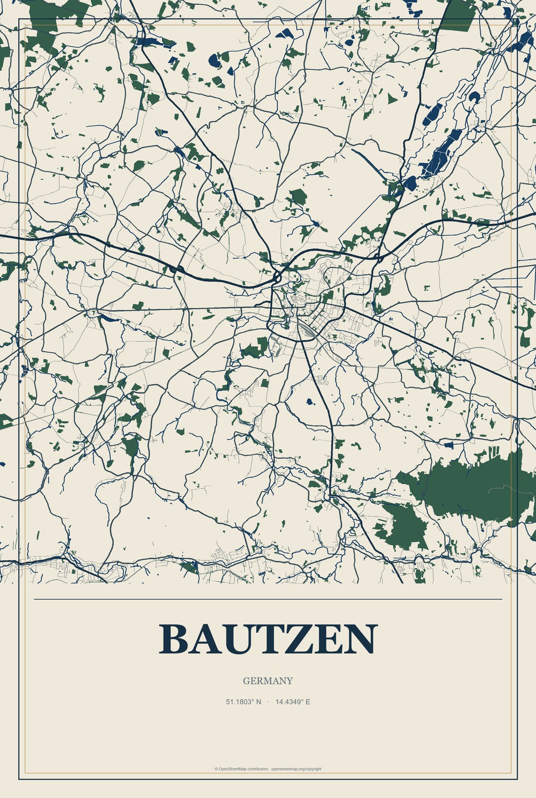 Bautzen, Germany City Map Aluminum Sign in Coastal Cutout style