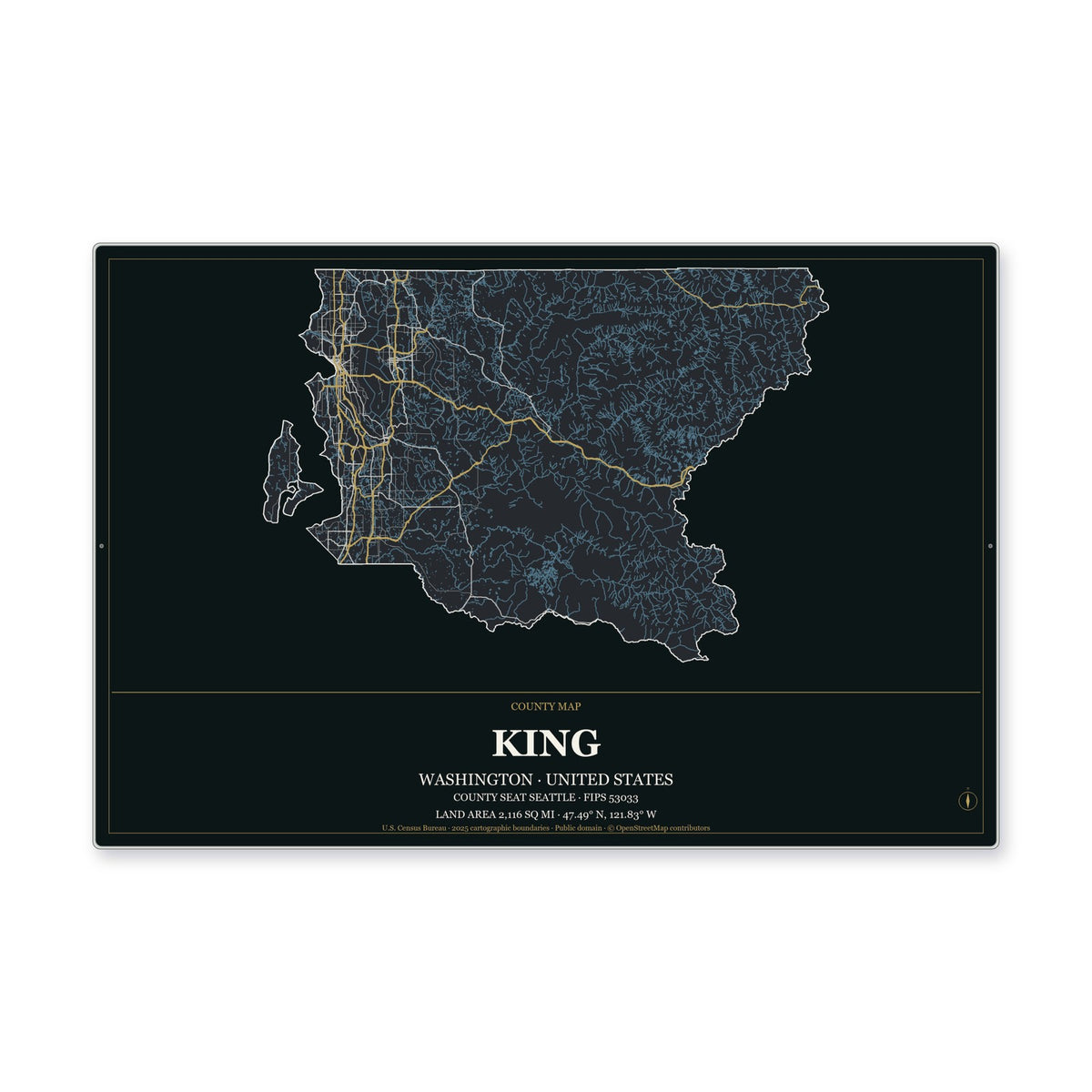 King County, Washington Map Aluminum Sign in Metropolitan Noir style