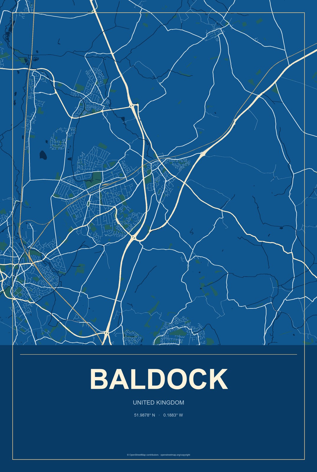 Baldock, United Kingdom City Map Aluminum Sign in Harbor Cobalt style