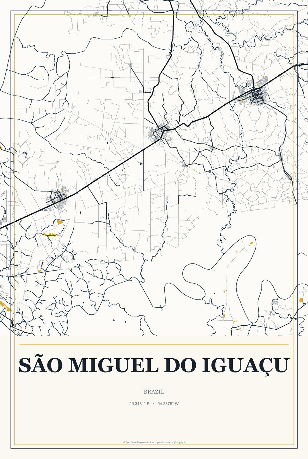 São Miguel do Iguaçu, Brazil City Map Aluminum Sign in Citrine Modern style
