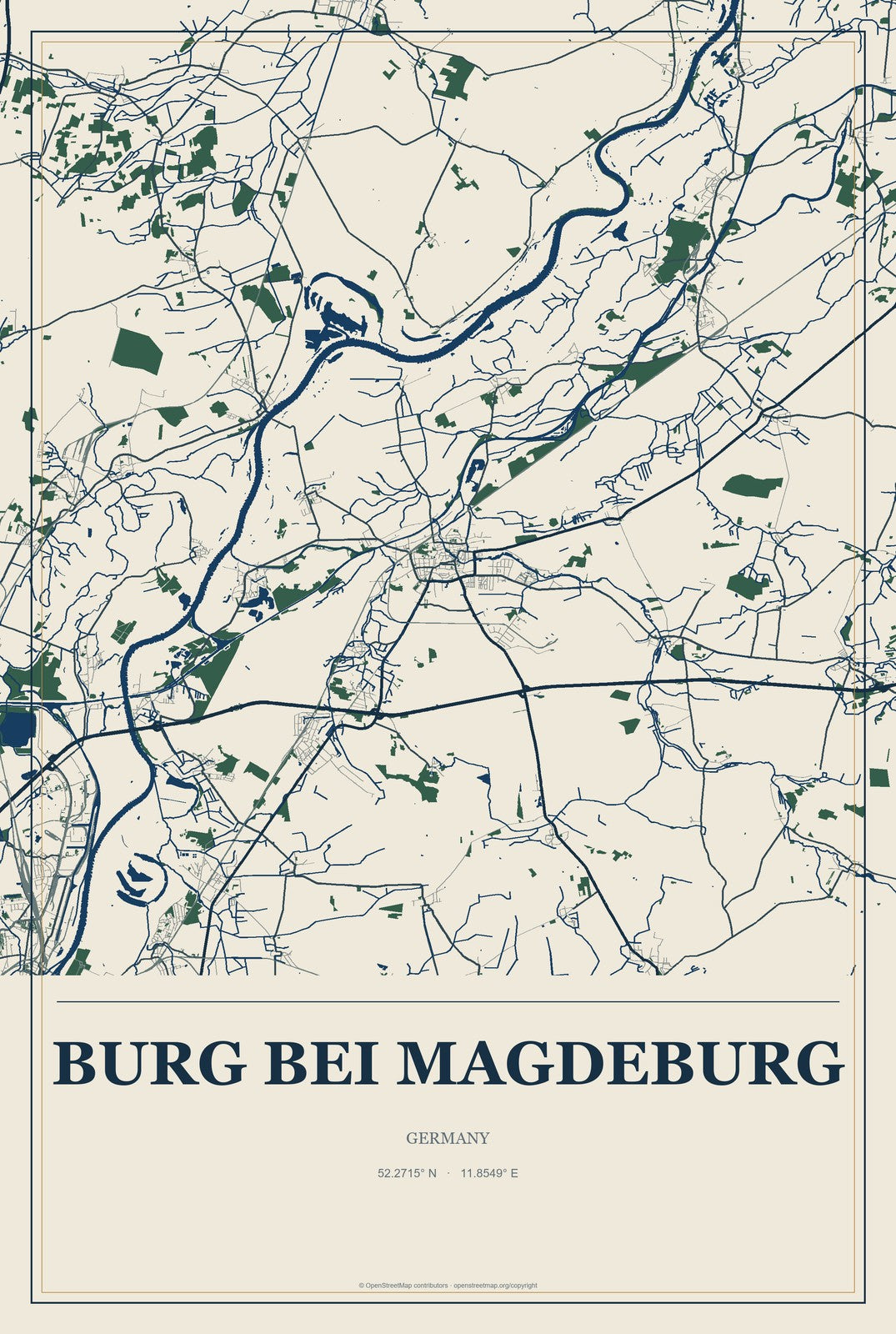 Burg bei Magdeburg, Germany City Map Aluminum Sign in Coastal Cutout style
