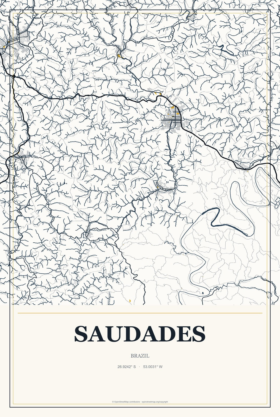 Saudades, Brazil City Map Aluminum Sign in Citrine Modern style