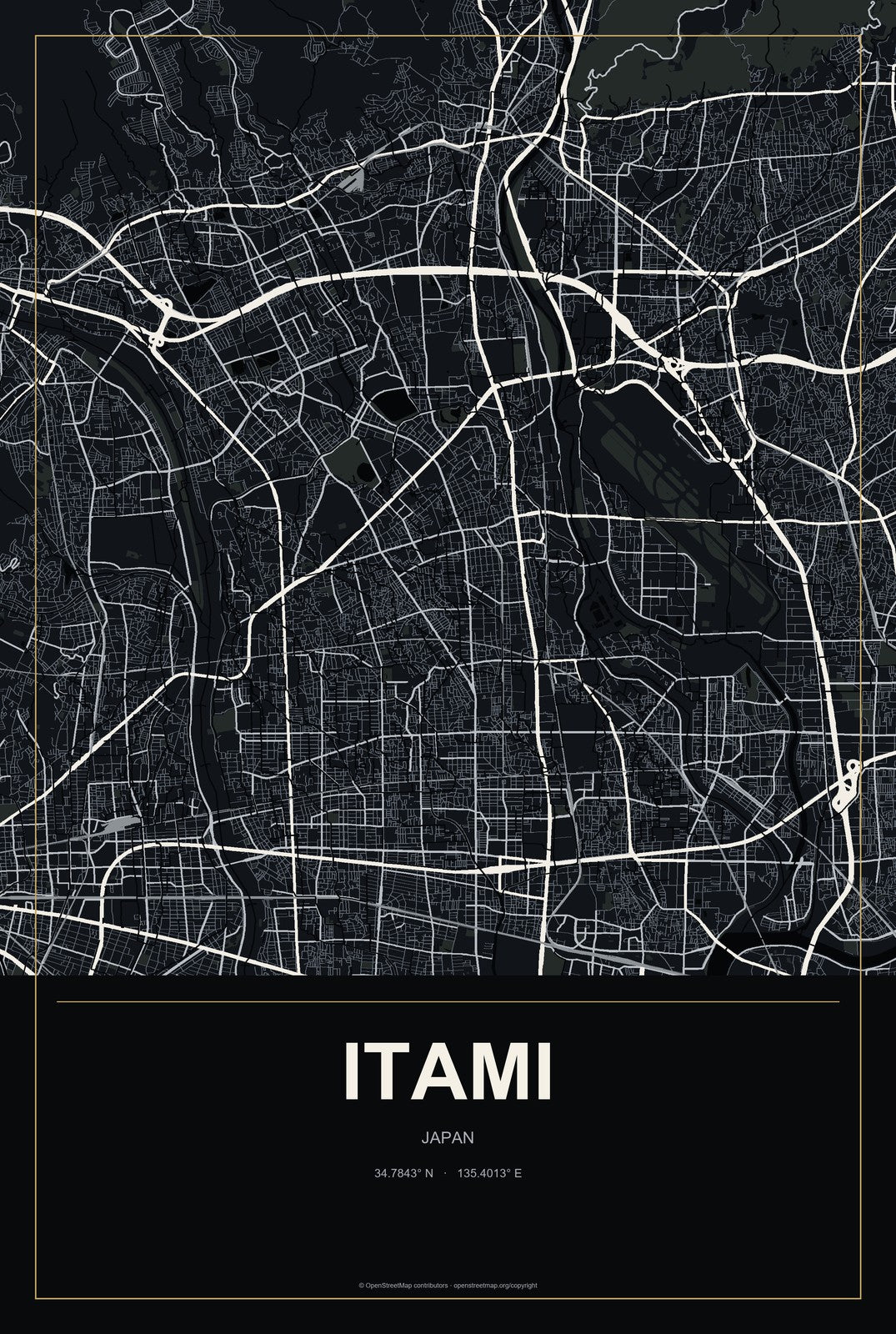 Itami, Japan City Map Aluminum Sign in Metropolitan Noir style