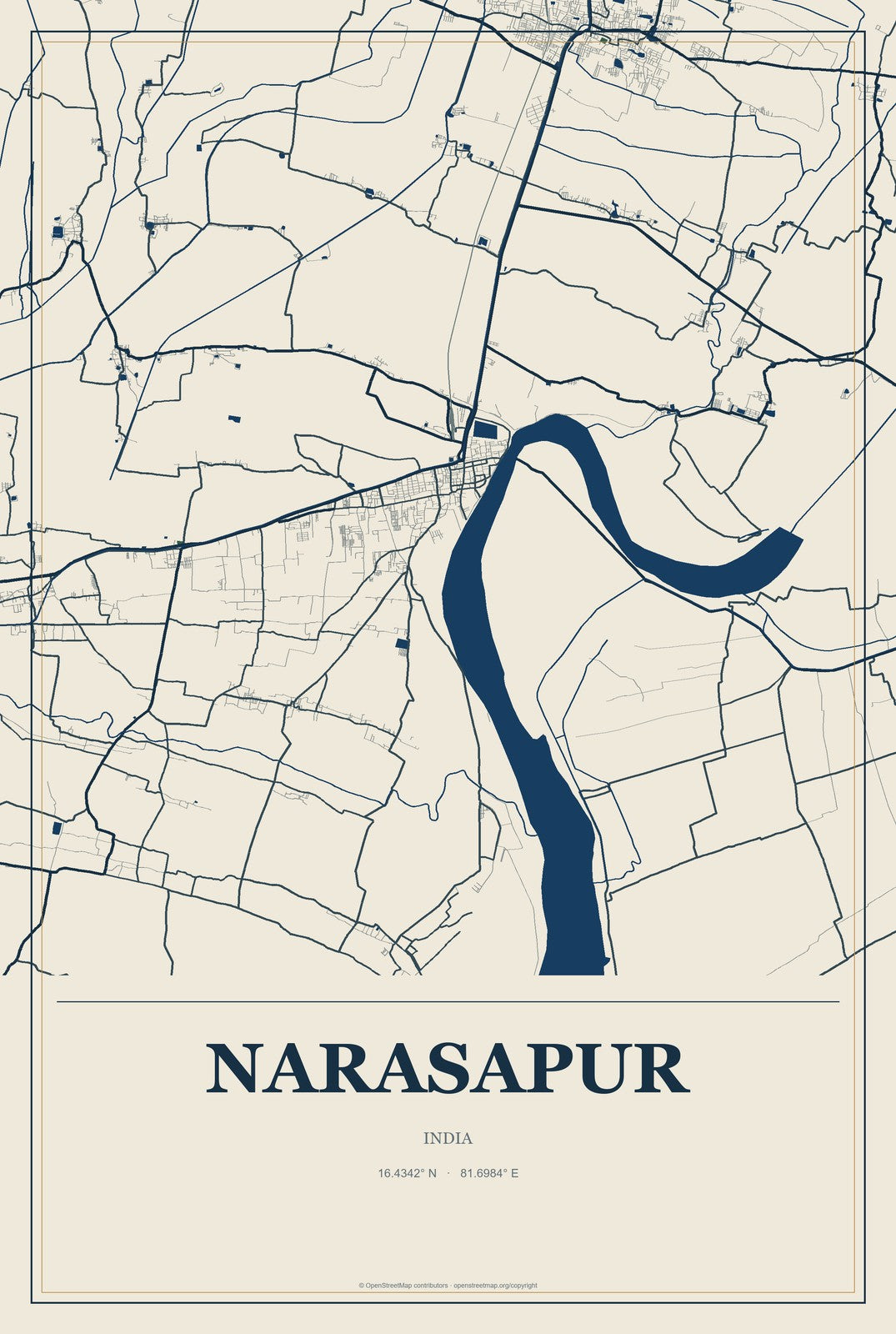 Narasapur, India City Map Aluminum Sign in Coastal Cutout style