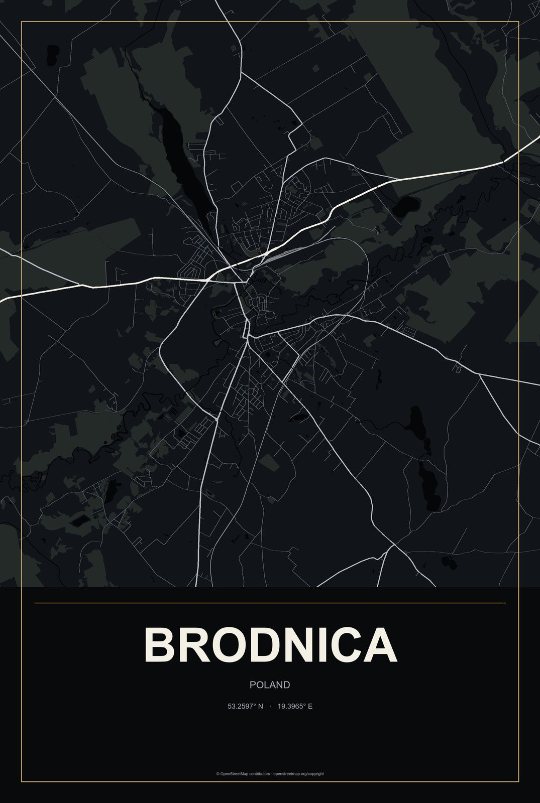 Brodnica, Poland City Map Aluminum Sign in Metropolitan Noir style