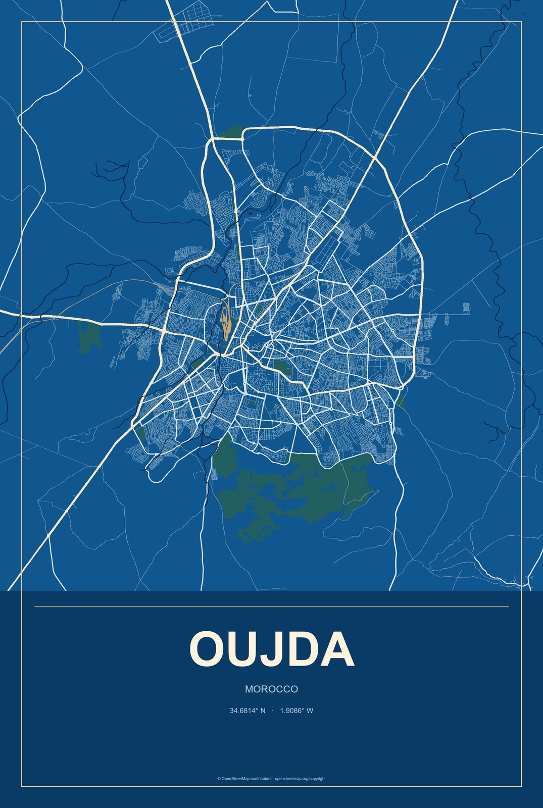 Oujda, Morocco City Map Aluminum Sign in Harbor Cobalt style
