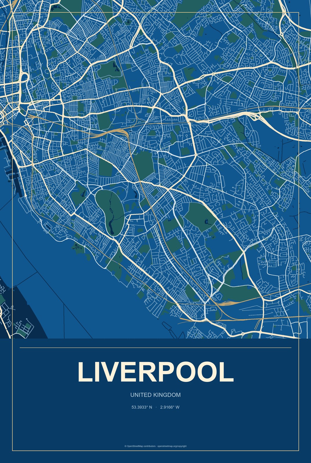 Liverpool, United Kingdom City Map Aluminum Sign in Harbor Cobalt style