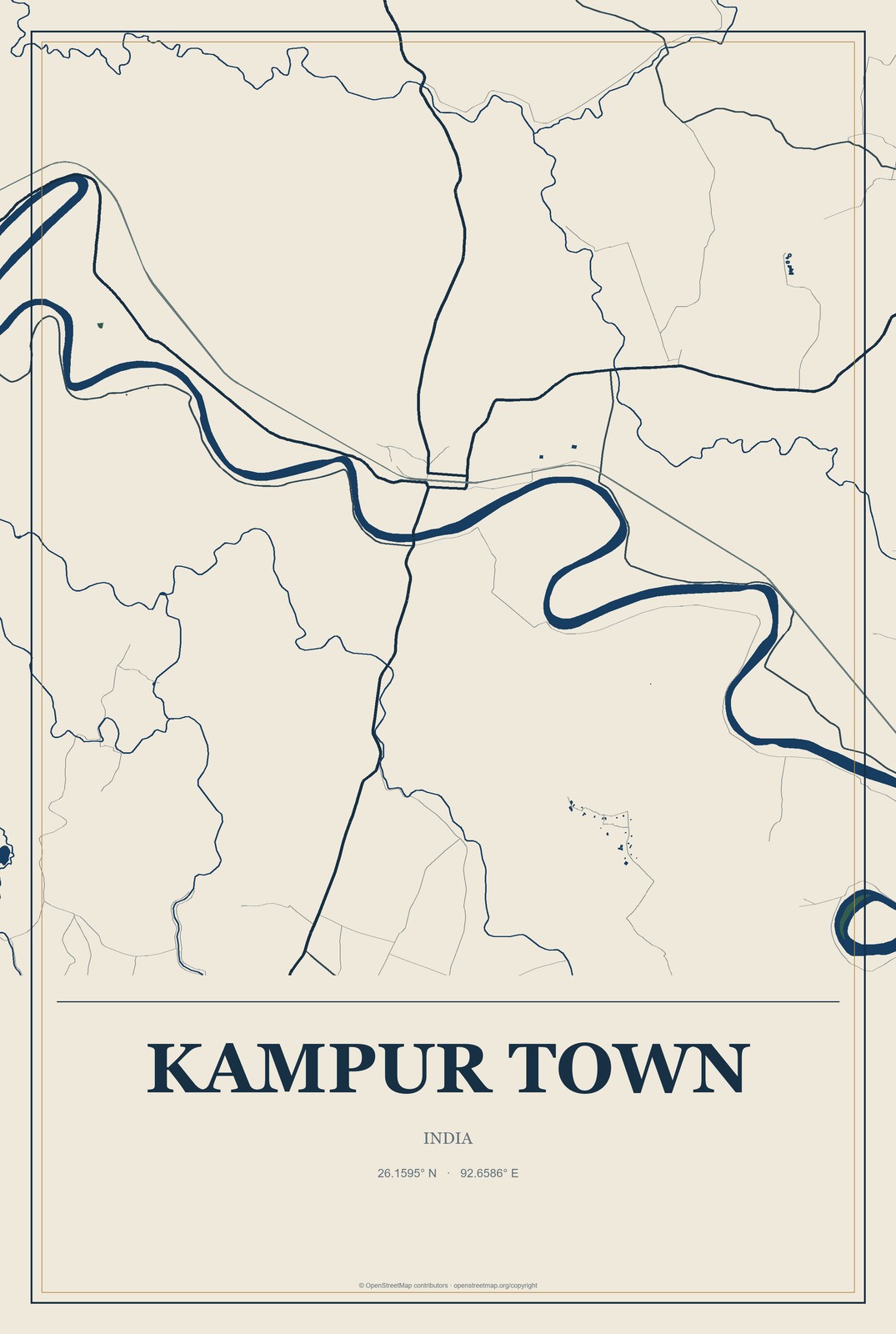 Kampur Town, India City Map Aluminum Sign in Coastal Cutout style