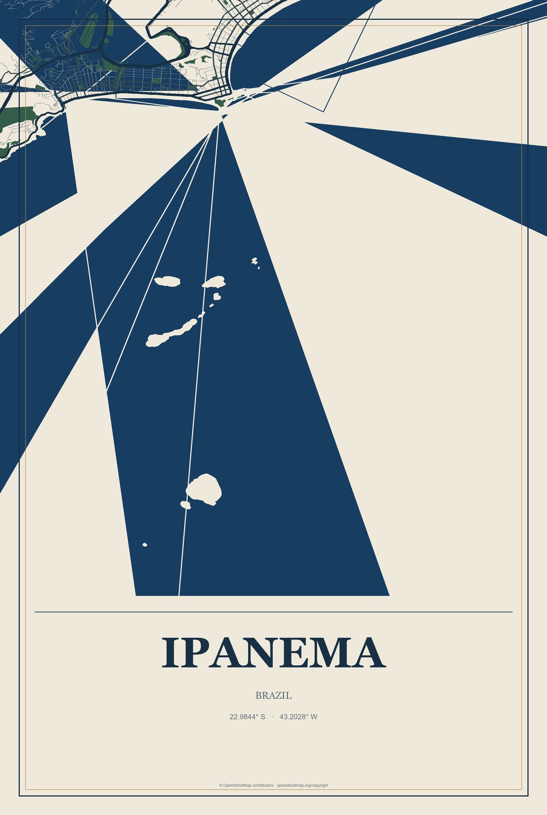 Ipanema, Rio de Janeiro, Brazil City Map Aluminum Sign in Coastal Cutout style