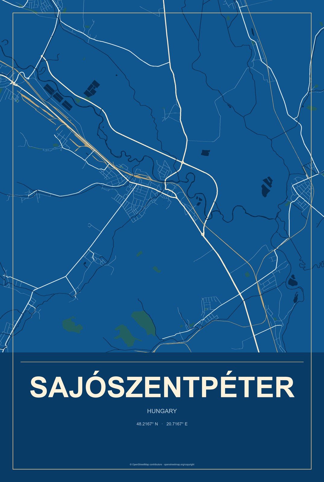 Sajószentpéter, Hungary City Map Aluminum Sign in Harbor Cobalt style