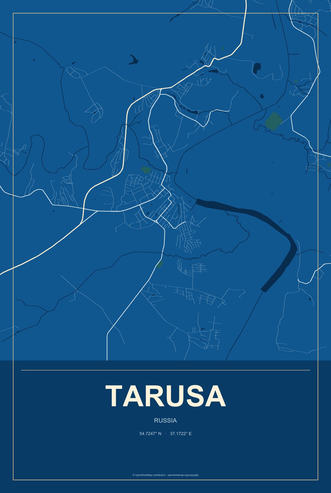 Tarusa, Russia City Map Aluminum Sign in Harbor Cobalt style