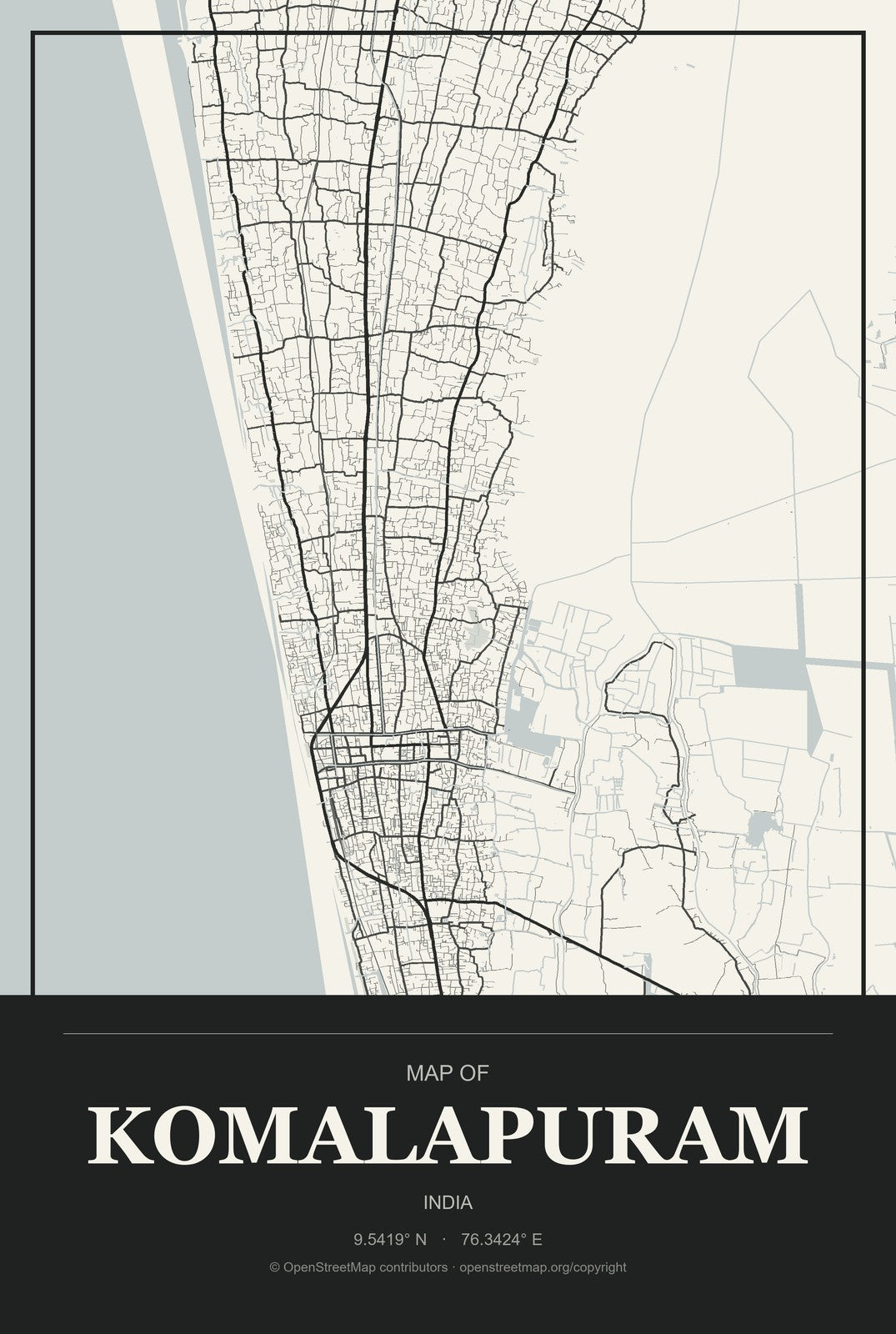 Komalapuram, India City Map Aluminum Sign in Museum Plaque style