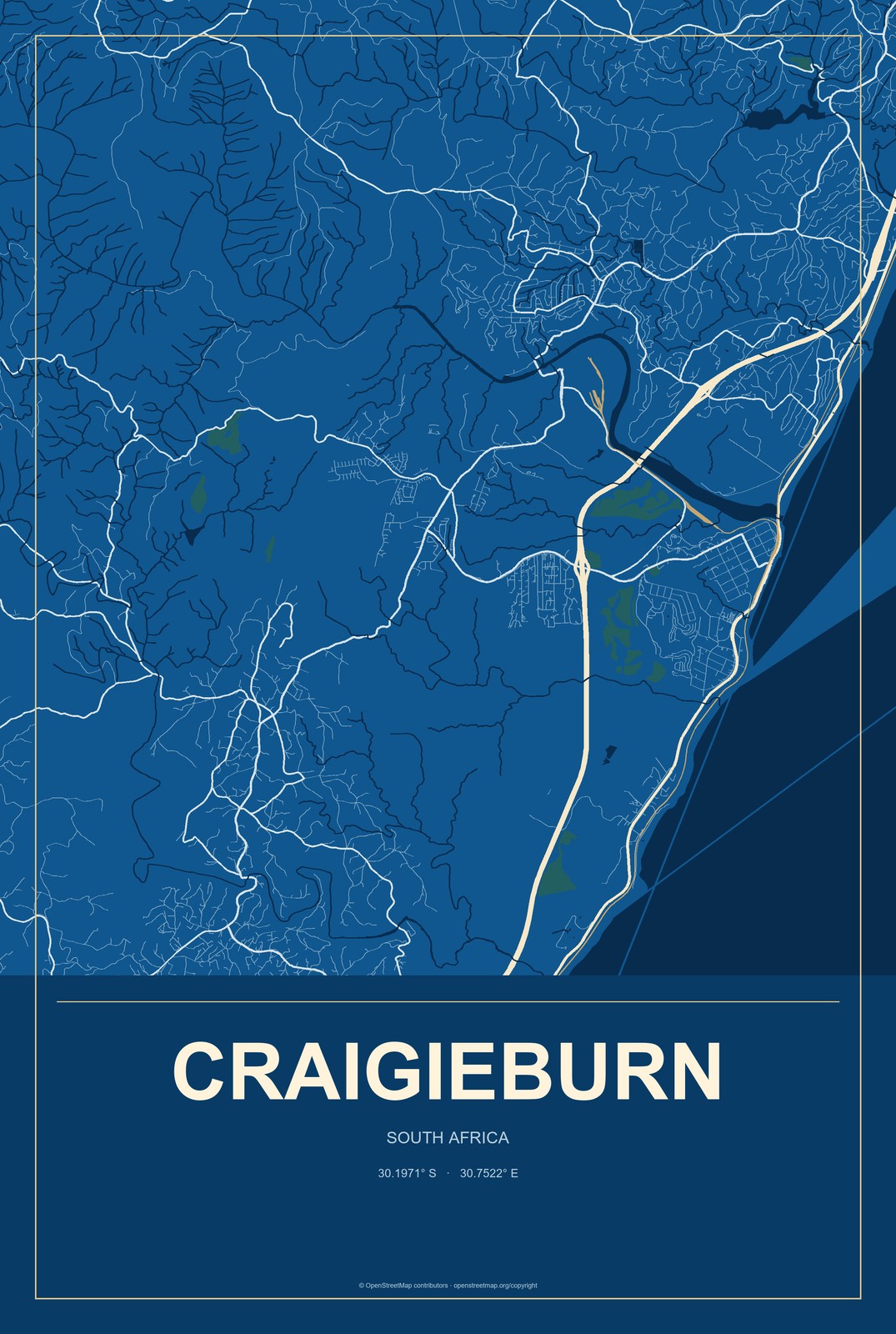 Craigieburn, South Africa City Map Aluminum Sign in Harbor Cobalt style