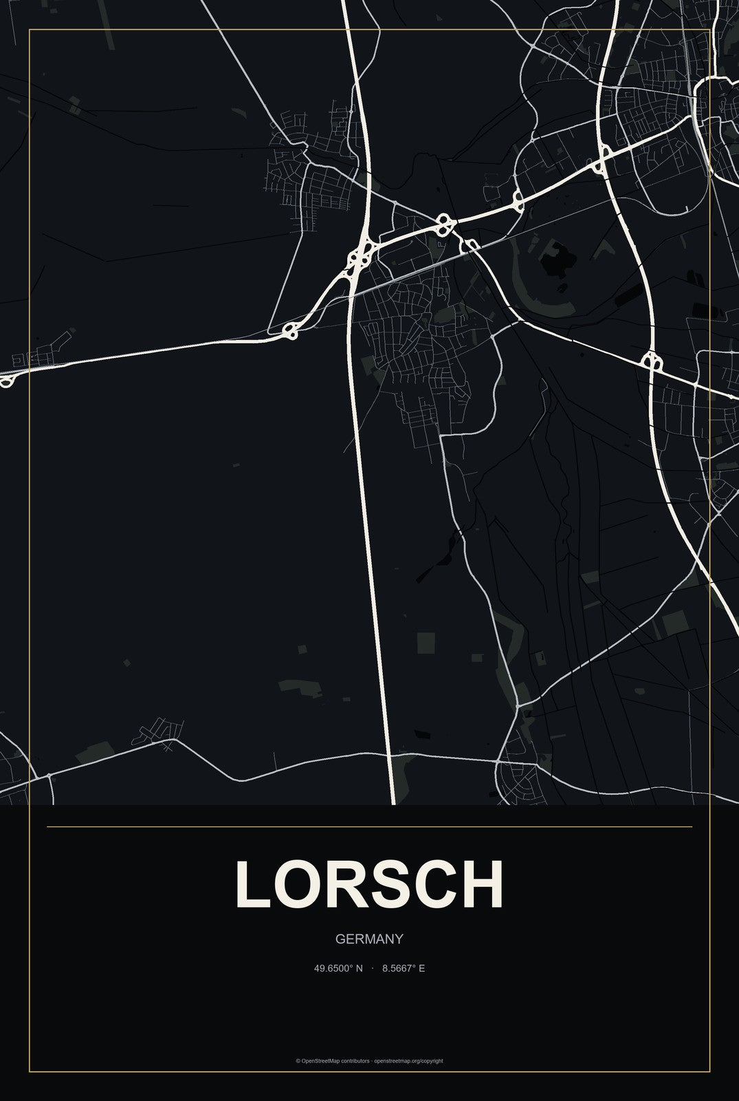 Lorsch, Germany City Map Aluminum Sign in Metropolitan Noir style