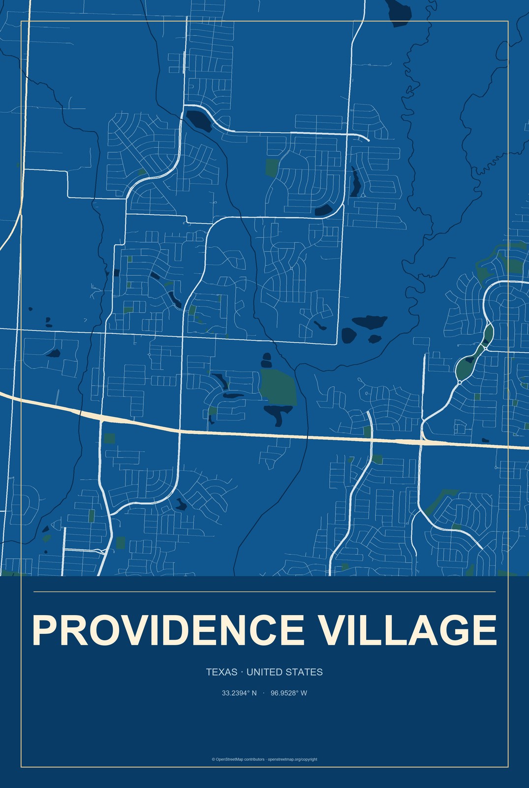 Providence Village, Texas City Map Aluminum Sign in Harbor Cobalt style