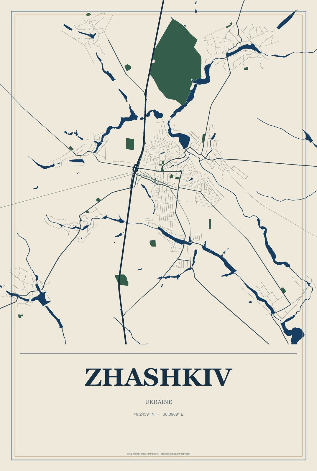 Zhashkiv, Ukraine City Map Aluminum Sign in Coastal Cutout style
