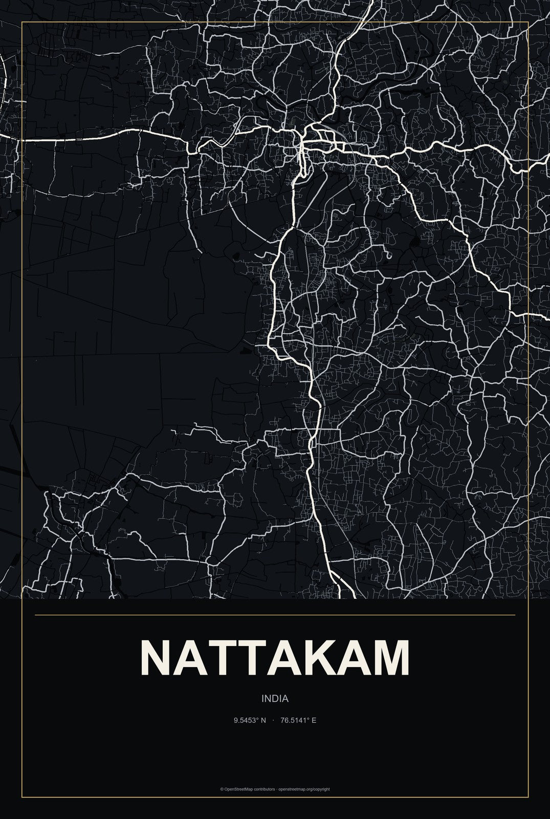 Nattakam, India City Map Aluminum Sign in Metropolitan Noir style